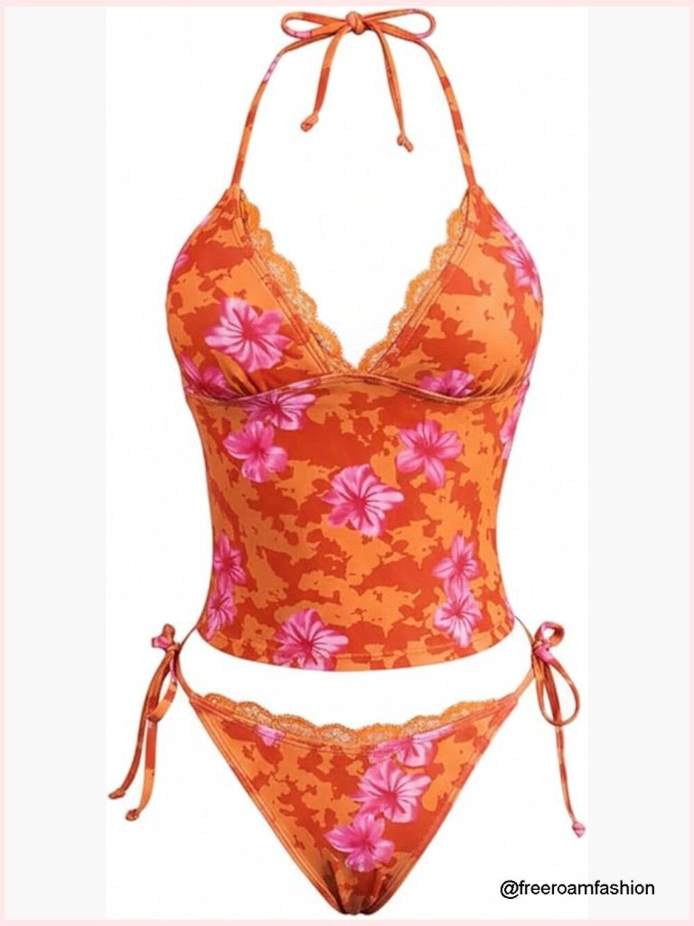 Y2K Floral Halter Tie Side Thong Tankini Swimwear Set Lace Boho